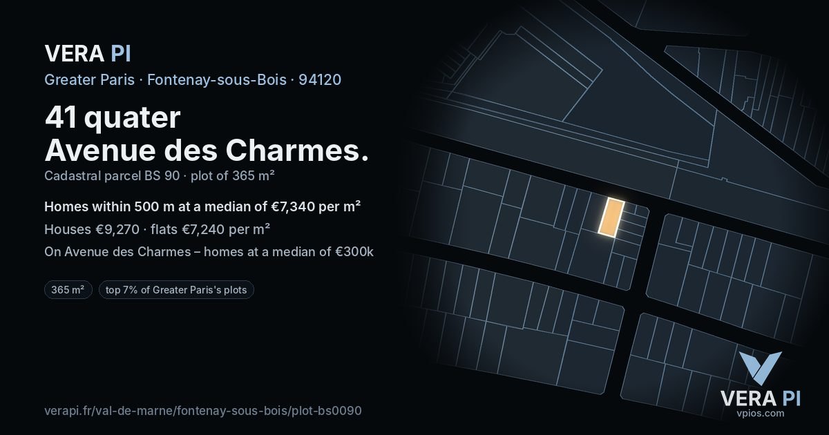 41 quater Avenue des Charmes, Fontenay-sous-Bois at night – the plot lit, the parcels around coloured by the prices near them
