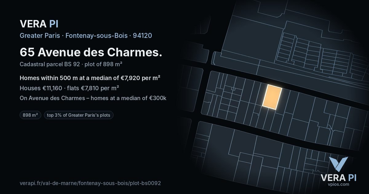 65 Avenue des Charmes, Fontenay-sous-Bois at night – the plot lit, the parcels around coloured by the prices near them