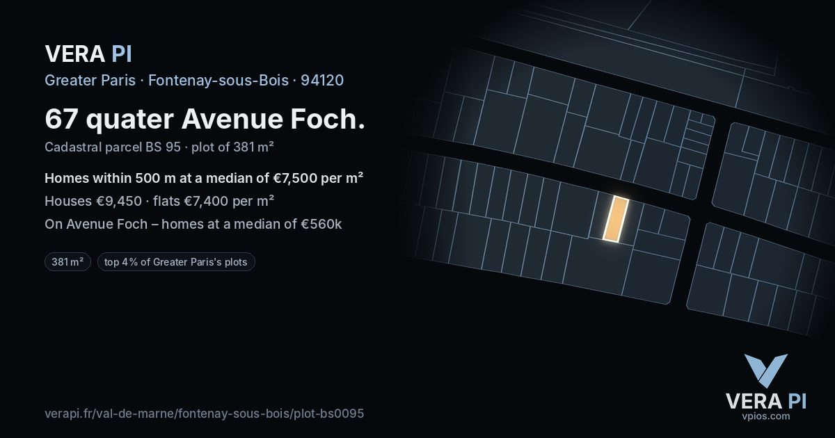 67 quater Avenue Foch, Fontenay-sous-Bois at night – the plot lit, the parcels around coloured by the prices near them