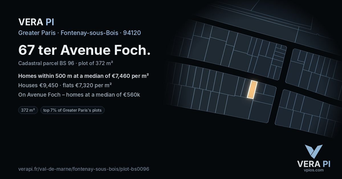 67 ter Avenue Foch, Fontenay-sous-Bois at night – the plot lit, the parcels around coloured by the prices near them