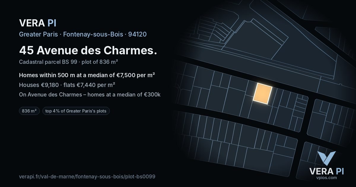 45 Avenue des Charmes, Fontenay-sous-Bois at night – the plot lit, the parcels around coloured by the prices near them