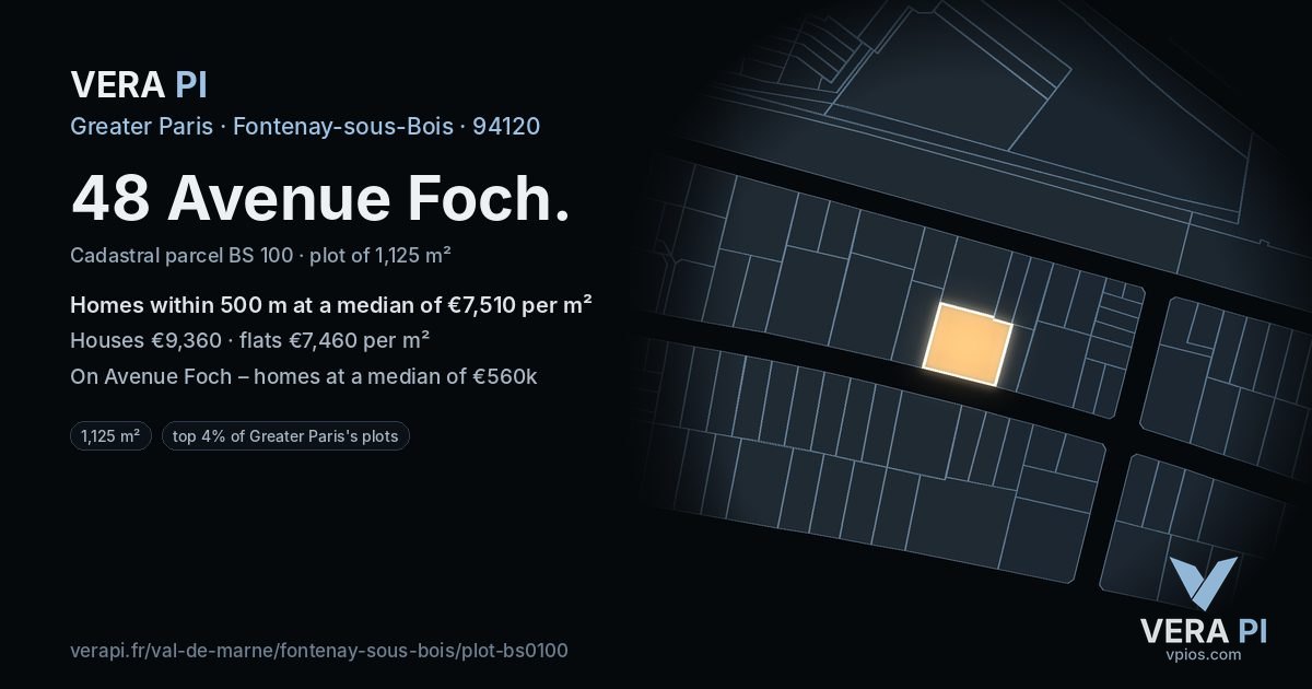 48 Avenue Foch, Fontenay-sous-Bois at night – the plot lit, the parcels around coloured by the prices near them