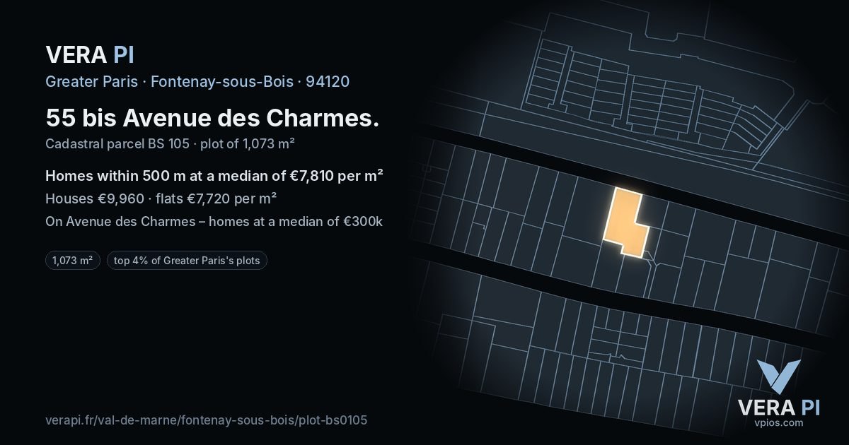 55 bis Avenue des Charmes, Fontenay-sous-Bois at night – the plot lit, the parcels around coloured by the prices near them