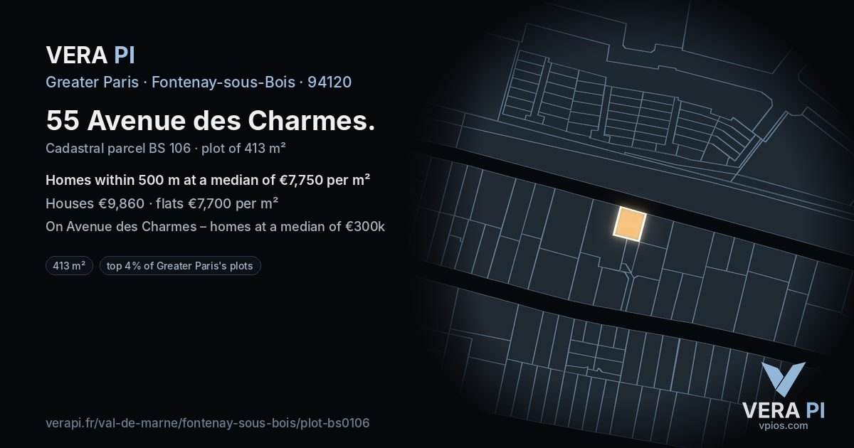 55 Avenue des Charmes, Fontenay-sous-Bois at night – the plot lit, the parcels around coloured by the prices near them