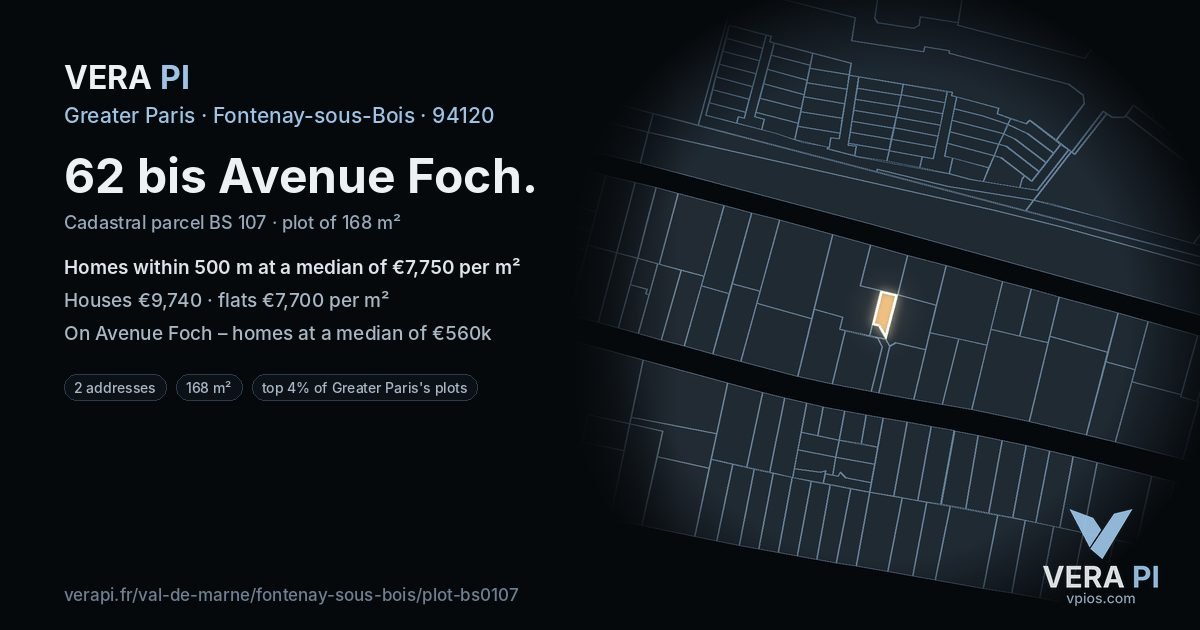 62 bis Avenue Foch, Fontenay-sous-Bois at night – the plot lit, the parcels around coloured by the prices near them