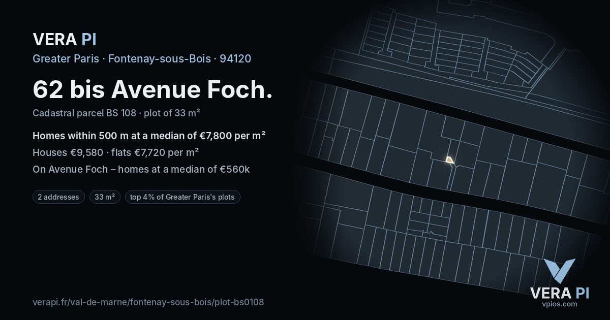 62 bis Avenue Foch, Fontenay-sous-Bois at night – the plot lit, the parcels around coloured by the prices near them