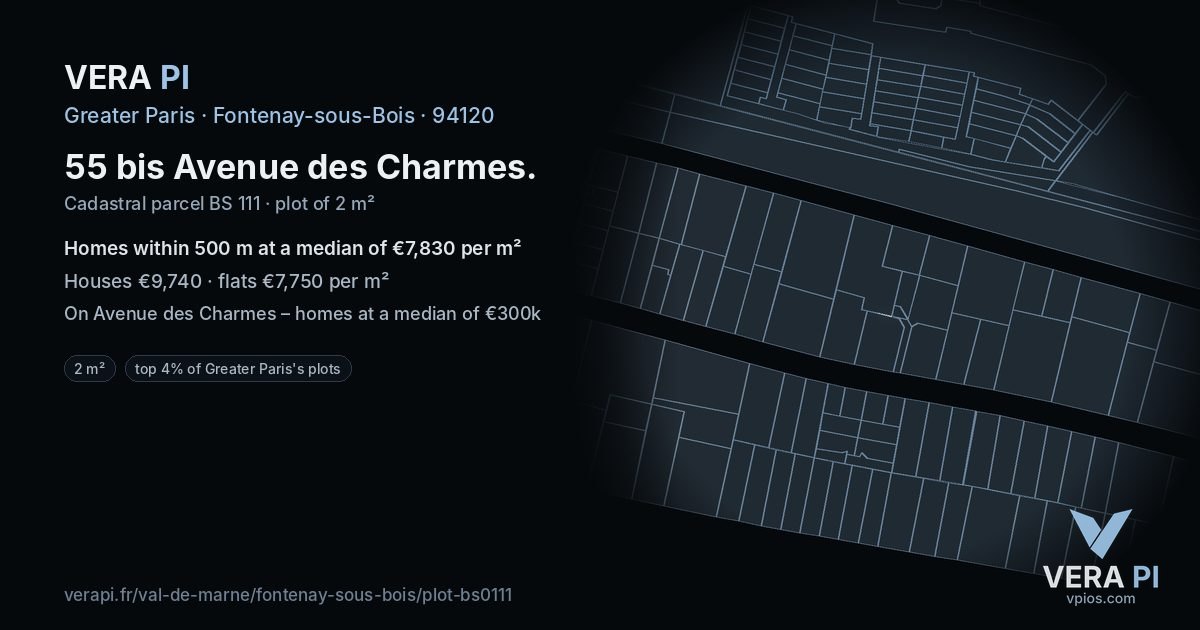 55 bis Avenue des Charmes, Fontenay-sous-Bois at night – the plot lit, the parcels around coloured by the prices near them