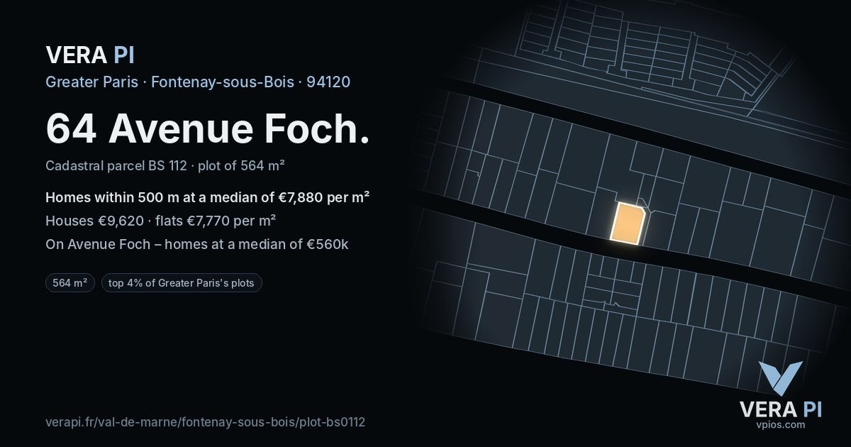 64 Avenue Foch, Fontenay-sous-Bois at night – the plot lit, the parcels around coloured by the prices near them