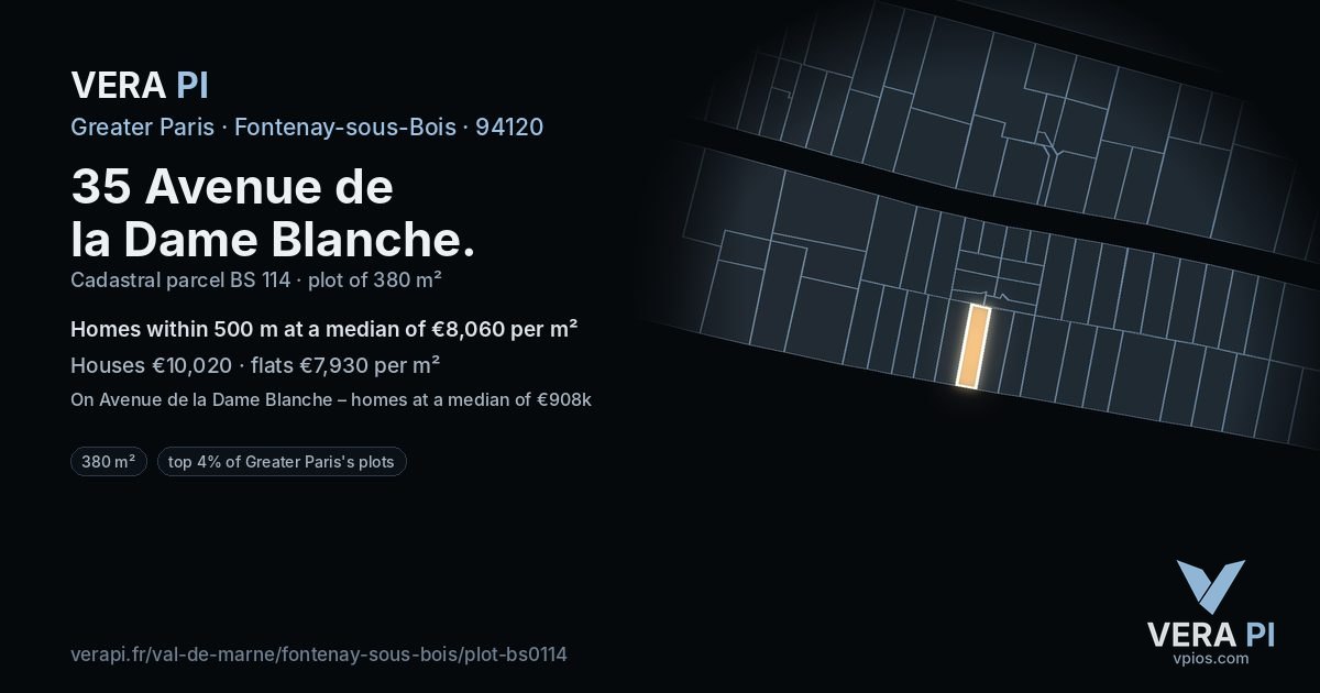 35 Avenue de la Dame Blanche, Fontenay-sous-Bois at night – the plot lit, the parcels around coloured by the prices near them