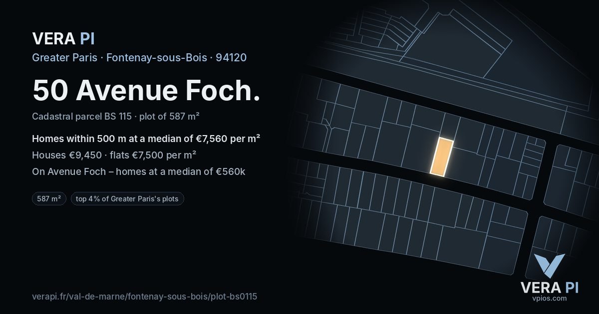50 Avenue Foch, Fontenay-sous-Bois at night – the plot lit, the parcels around coloured by the prices near them
