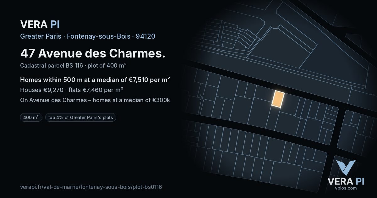 47 Avenue des Charmes, Fontenay-sous-Bois at night – the plot lit, the parcels around coloured by the prices near them