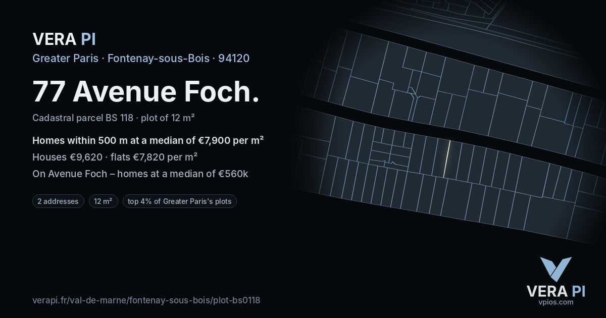 77 Avenue Foch, Fontenay-sous-Bois at night – the plot lit, the parcels around coloured by the prices near them