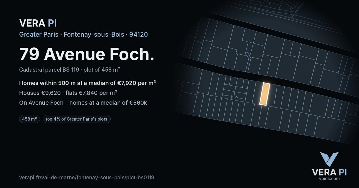79 Avenue Foch, Fontenay-sous-Bois at night – the plot lit, the parcels around coloured by the prices near them