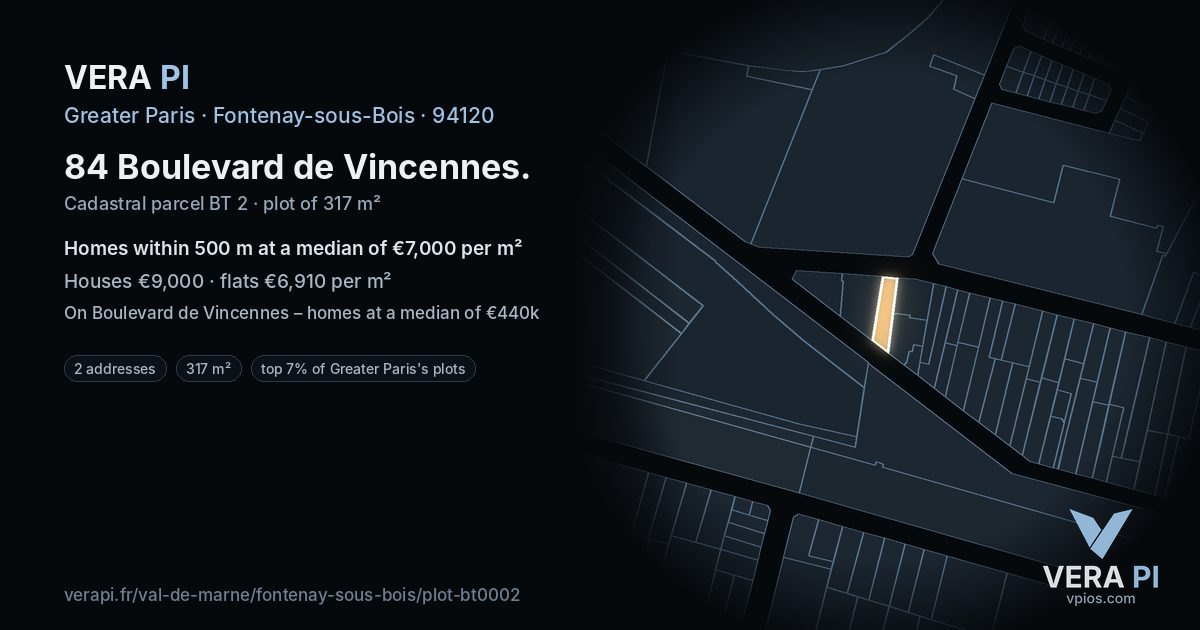 84 Boulevard de Vincennes, Fontenay-sous-Bois at night – the plot lit, the parcels around coloured by the prices near them
