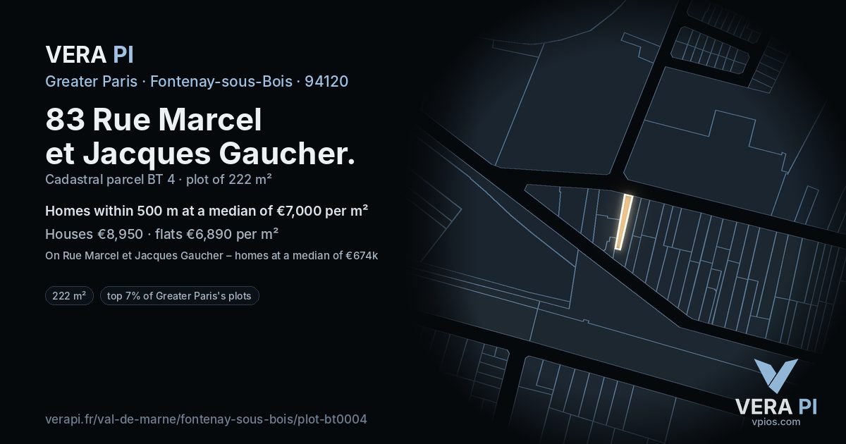 83 Rue Marcel et Jacques Gaucher, Fontenay-sous-Bois at night – the plot lit, the parcels around coloured by the prices near them
