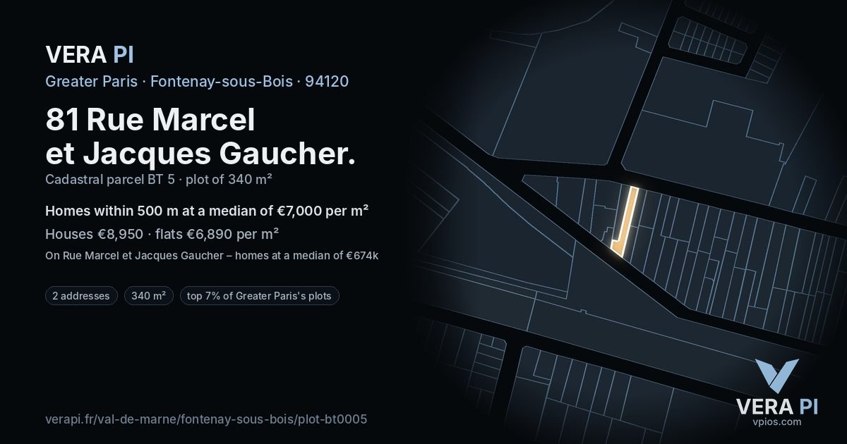 81 Rue Marcel et Jacques Gaucher, Fontenay-sous-Bois at night – the plot lit, the parcels around coloured by the prices near them