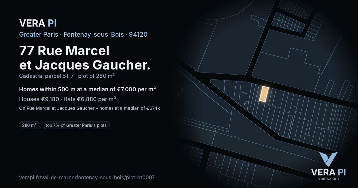 77 Rue Marcel et Jacques Gaucher, Fontenay-sous-Bois at night – the plot lit, the parcels around coloured by the prices near them