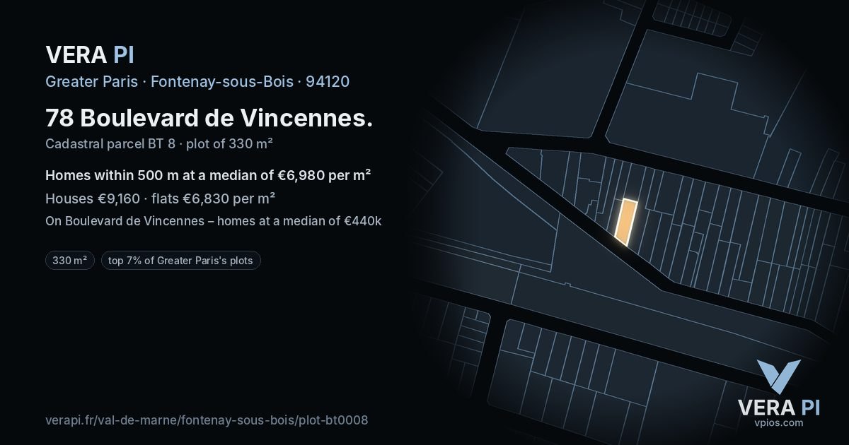 78 Boulevard de Vincennes, Fontenay-sous-Bois at night – the plot lit, the parcels around coloured by the prices near them