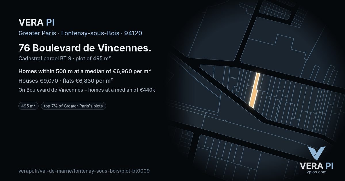 76 Boulevard de Vincennes, Fontenay-sous-Bois at night – the plot lit, the parcels around coloured by the prices near them