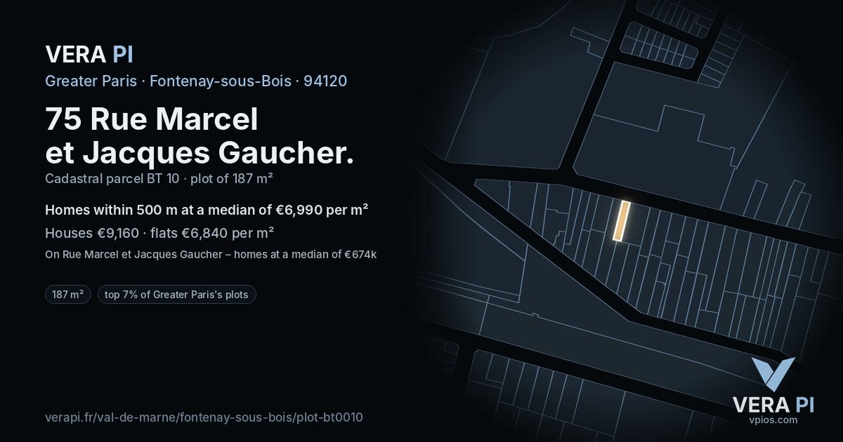 75 Rue Marcel et Jacques Gaucher, Fontenay-sous-Bois at night – the plot lit, the parcels around coloured by the prices near them