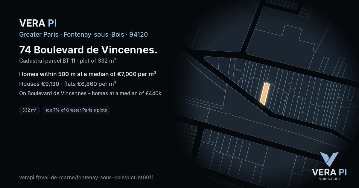 74 Boulevard de Vincennes, Fontenay-sous-Bois at night – the plot lit, the parcels around coloured by the prices near them