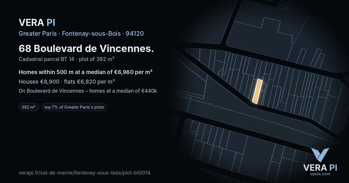 68 Boulevard de Vincennes, Fontenay-sous-Bois at night – the plot lit, the parcels around coloured by the prices near them