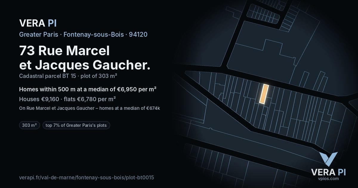 73 Rue Marcel et Jacques Gaucher, Fontenay-sous-Bois at night – the plot lit, the parcels around coloured by the prices near them