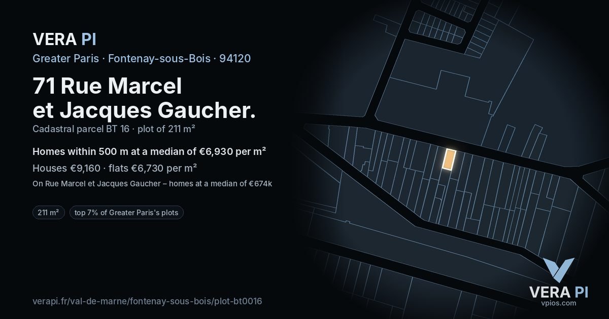 71 Rue Marcel et Jacques Gaucher, Fontenay-sous-Bois at night – the plot lit, the parcels around coloured by the prices near them