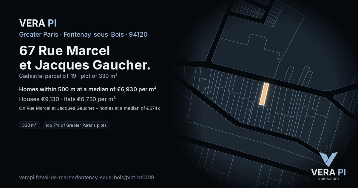 67 Rue Marcel et Jacques Gaucher, Fontenay-sous-Bois at night – the plot lit, the parcels around coloured by the prices near them