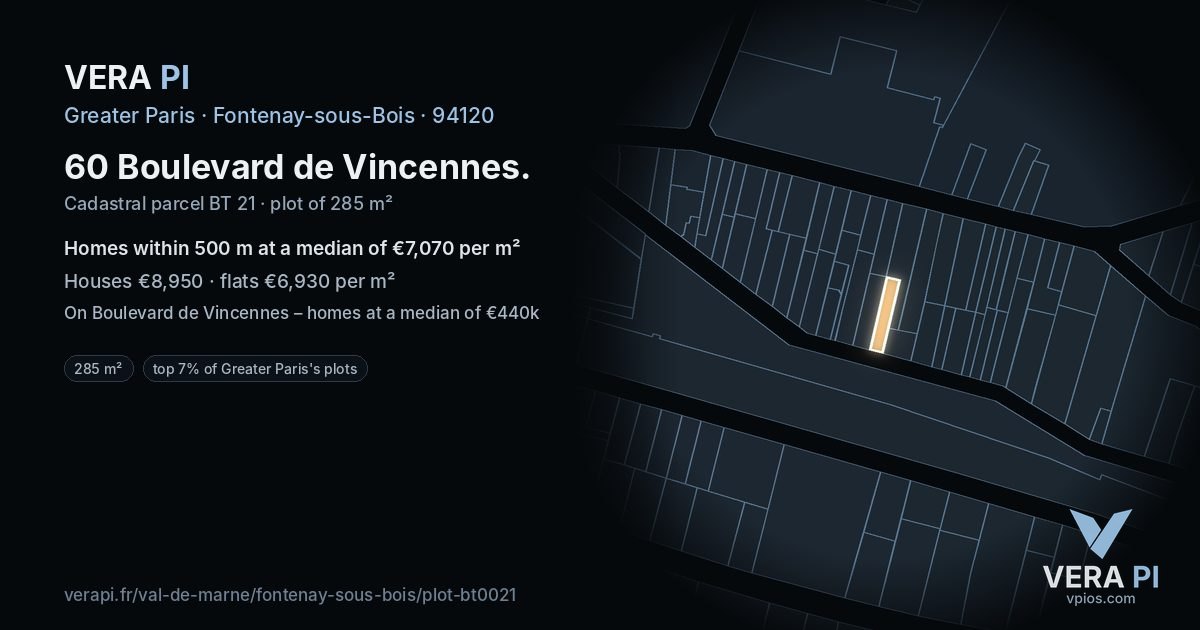 60 Boulevard de Vincennes, Fontenay-sous-Bois at night – the plot lit, the parcels around coloured by the prices near them