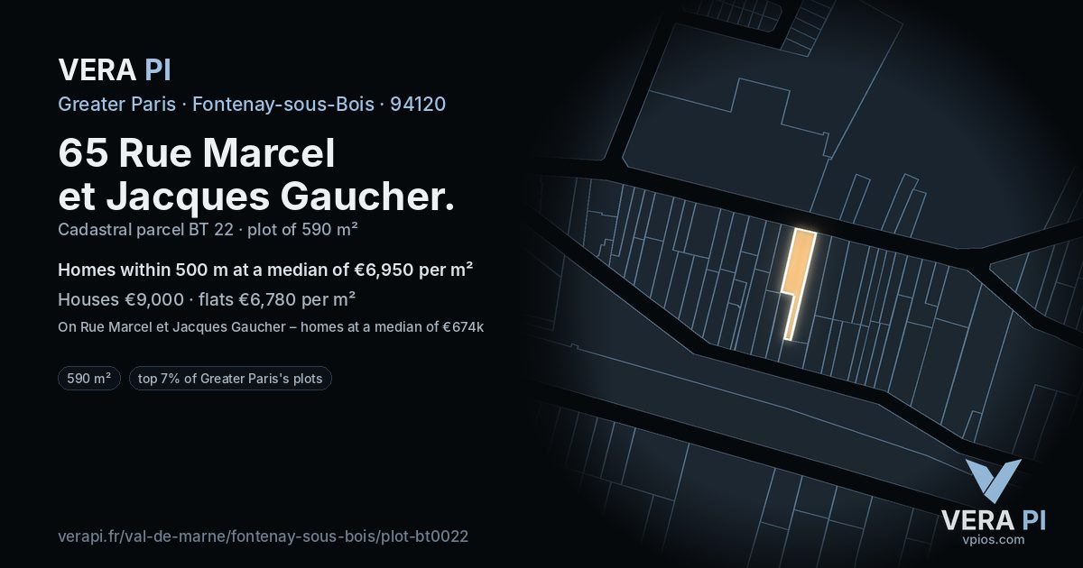 65 Rue Marcel et Jacques Gaucher, Fontenay-sous-Bois at night – the plot lit, the parcels around coloured by the prices near them
