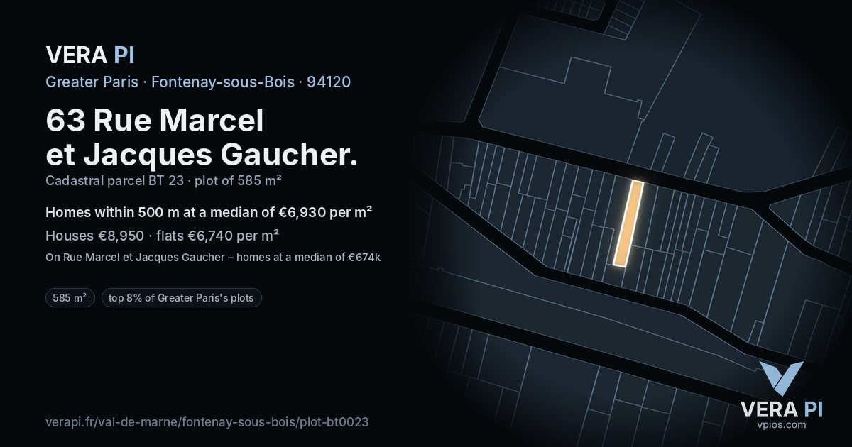 63 Rue Marcel et Jacques Gaucher, Fontenay-sous-Bois at night – the plot lit, the parcels around coloured by the prices near them