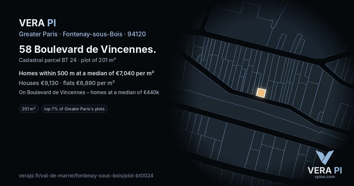 58 Boulevard de Vincennes, Fontenay-sous-Bois at night – the plot lit, the parcels around coloured by the prices near them