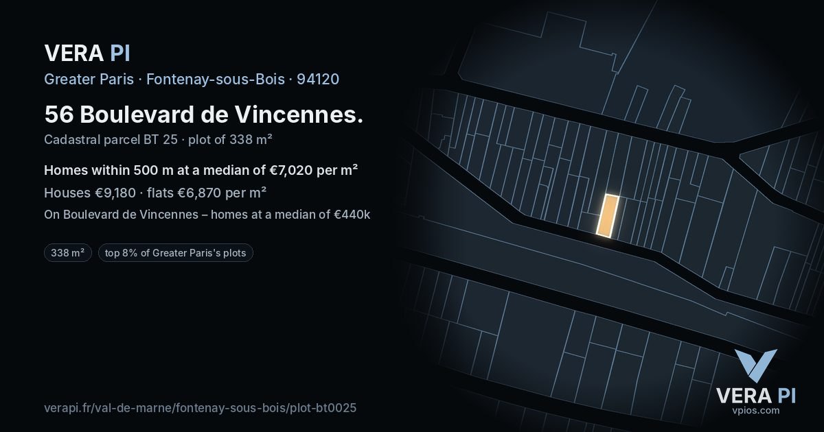 56 Boulevard de Vincennes, Fontenay-sous-Bois at night – the plot lit, the parcels around coloured by the prices near them