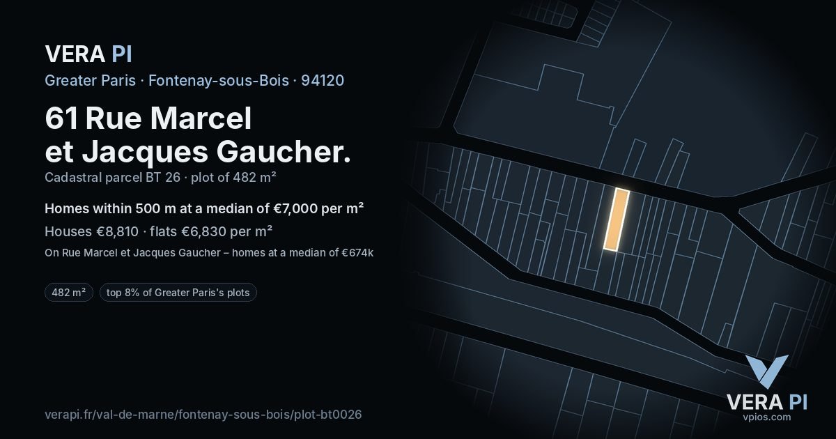 61 Rue Marcel et Jacques Gaucher, Fontenay-sous-Bois at night – the plot lit, the parcels around coloured by the prices near them