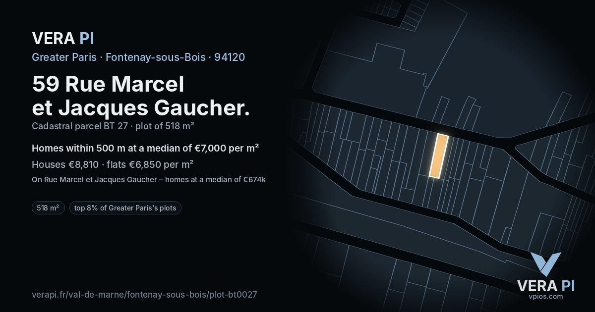 59 Rue Marcel et Jacques Gaucher, Fontenay-sous-Bois at night – the plot lit, the parcels around coloured by the prices near them