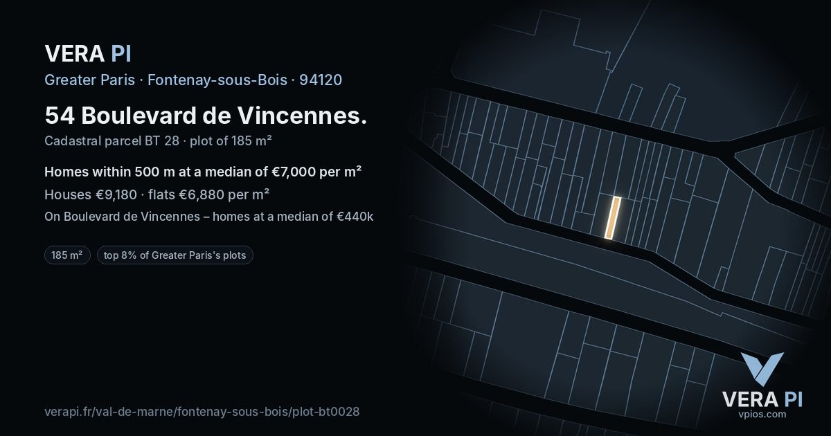54 Boulevard de Vincennes, Fontenay-sous-Bois at night – the plot lit, the parcels around coloured by the prices near them
