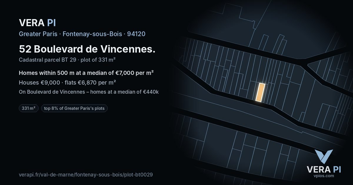 52 Boulevard de Vincennes, Fontenay-sous-Bois at night – the plot lit, the parcels around coloured by the prices near them