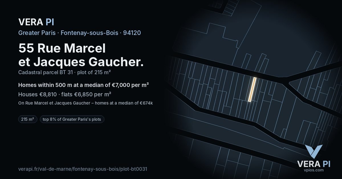 55 Rue Marcel et Jacques Gaucher, Fontenay-sous-Bois at night – the plot lit, the parcels around coloured by the prices near them