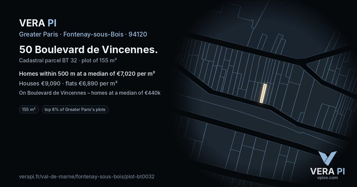 50 Boulevard de Vincennes, Fontenay-sous-Bois at night – the plot lit, the parcels around coloured by the prices near them