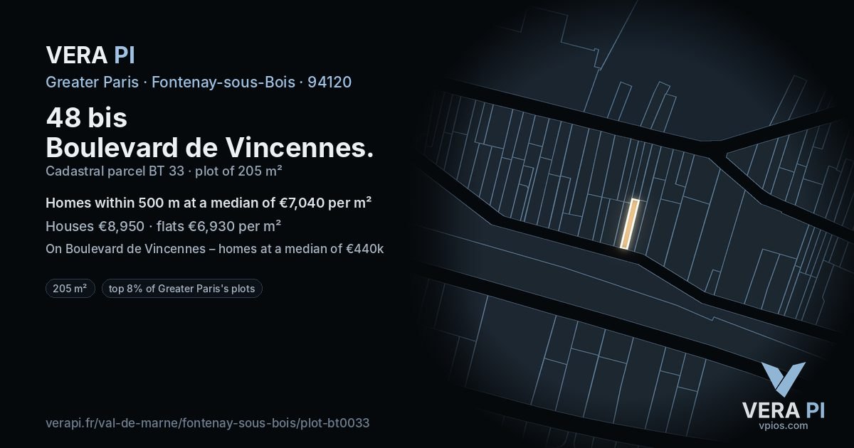 48 bis Boulevard de Vincennes, Fontenay-sous-Bois at night – the plot lit, the parcels around coloured by the prices near them