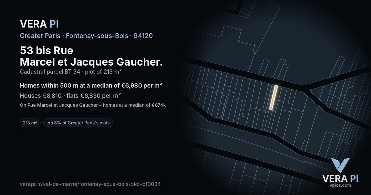 53 bis Rue Marcel et Jacques Gaucher, Fontenay-sous-Bois at night – the plot lit, the parcels around coloured by the prices near them