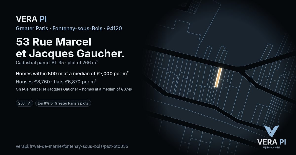 53 Rue Marcel et Jacques Gaucher, Fontenay-sous-Bois at night – the plot lit, the parcels around coloured by the prices near them