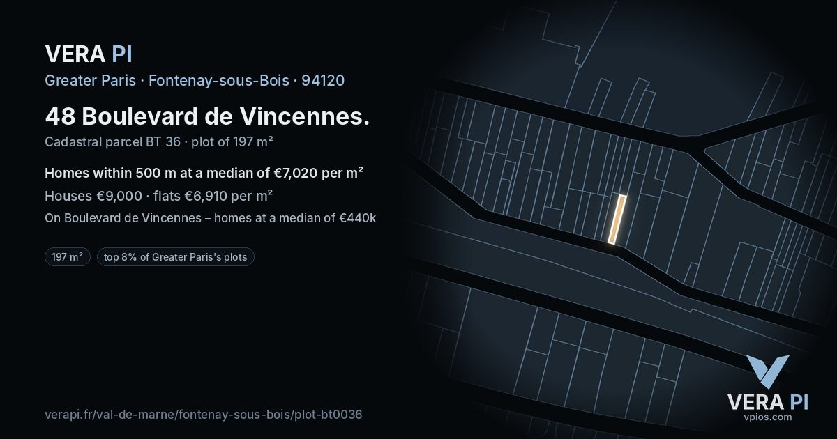 48 Boulevard de Vincennes, Fontenay-sous-Bois at night – the plot lit, the parcels around coloured by the prices near them