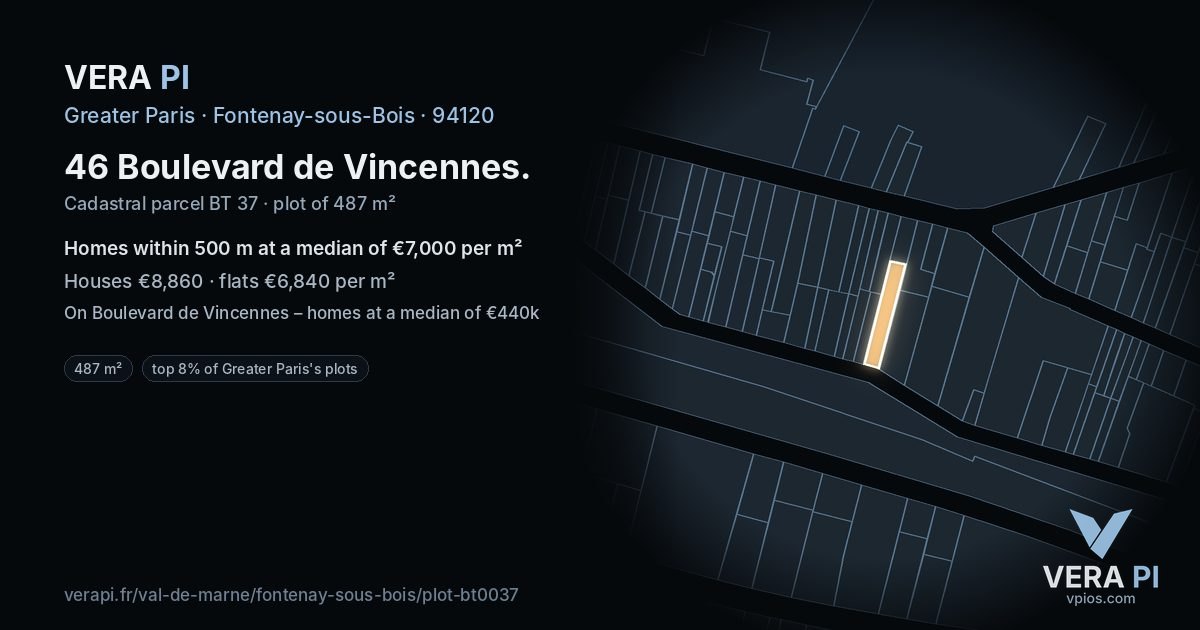 46 Boulevard de Vincennes, Fontenay-sous-Bois at night – the plot lit, the parcels around coloured by the prices near them