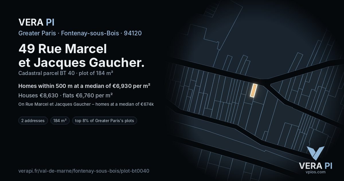 49 Rue Marcel et Jacques Gaucher, Fontenay-sous-Bois at night – the plot lit, the parcels around coloured by the prices near them