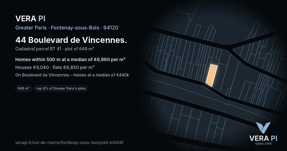 44 Boulevard de Vincennes, Fontenay-sous-Bois at night – the plot lit, the parcels around coloured by the prices near them