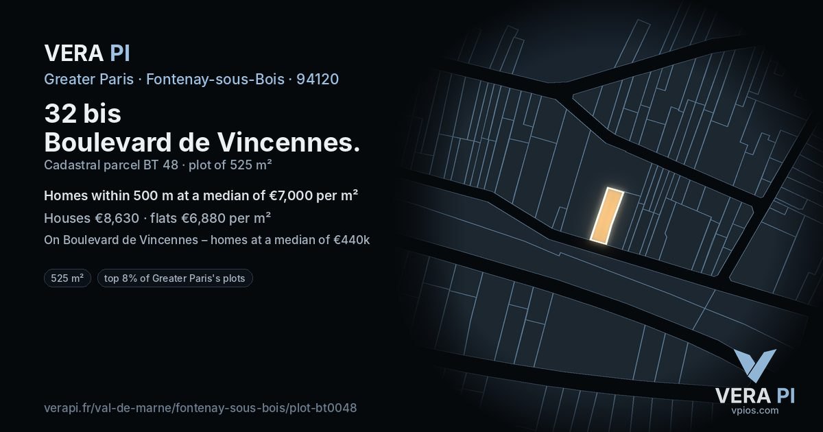 32 bis Boulevard de Vincennes, Fontenay-sous-Bois at night – the plot lit, the parcels around coloured by the prices near them
