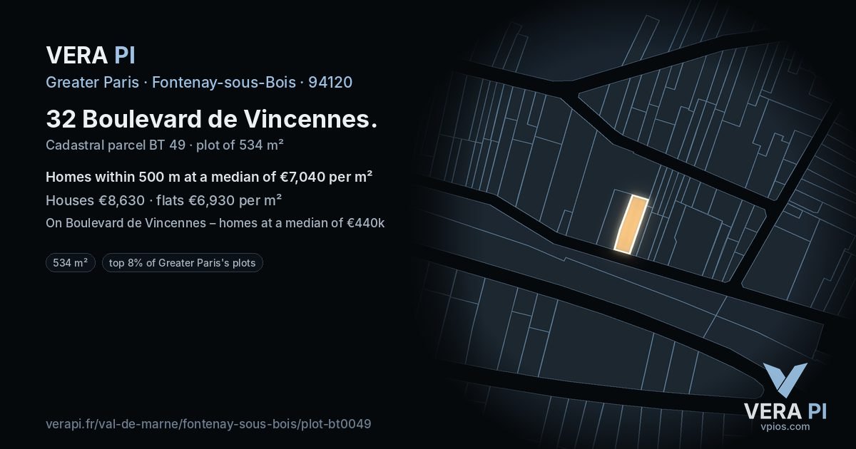 32 Boulevard de Vincennes, Fontenay-sous-Bois at night – the plot lit, the parcels around coloured by the prices near them