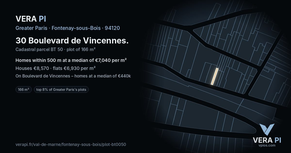 30 Boulevard de Vincennes, Fontenay-sous-Bois at night – the plot lit, the parcels around coloured by the prices near them